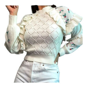 Glamorous Coquette Pointelle Knit Sweater with Embrodierd Flowers and Pom Poms
